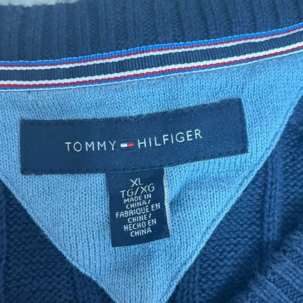 Tommy Hilfiger Knit sweater vest 100% Cotton v neck navy blue size XL preppy